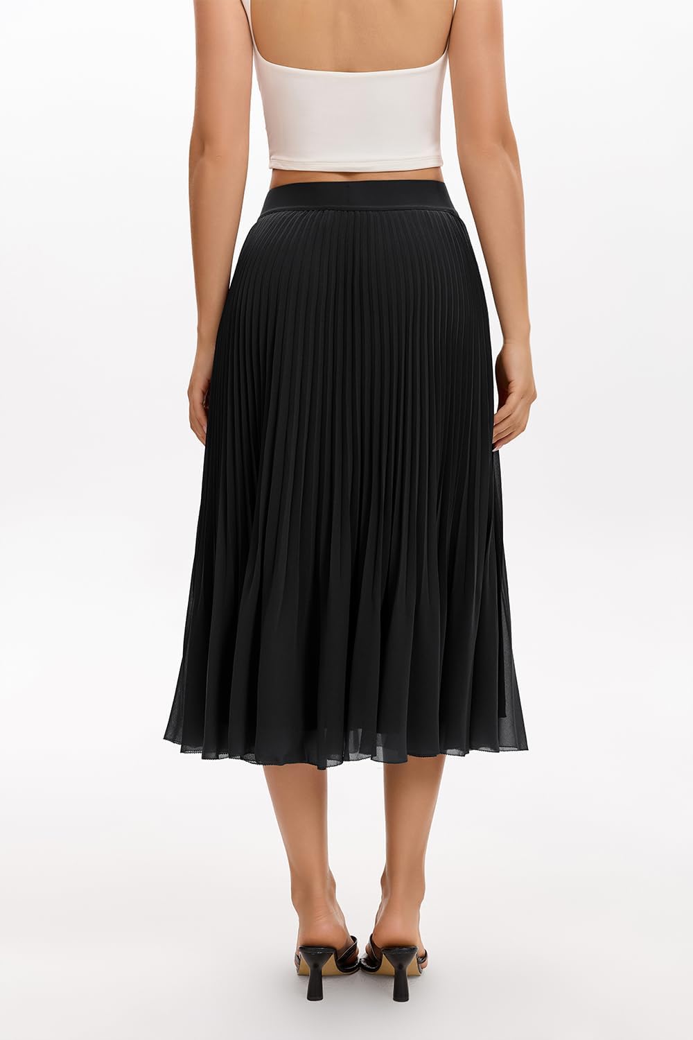 QINSEN Women's Elegant Flowy Pleated Chiffon Skirts Summer A-line Swing Midi Skirts Casual Elastic Waist Soft Lining