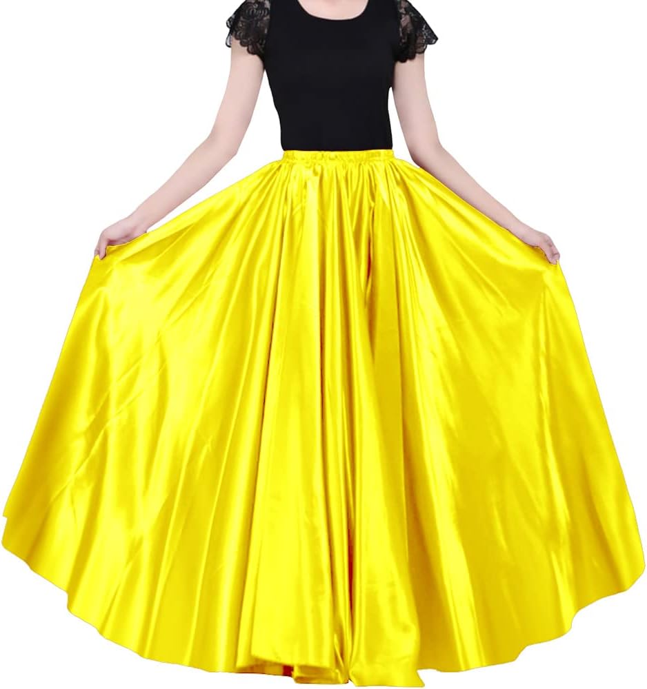 Ladies 90cm Satin Maxi Midi Skirt Long Dress Elastic Waist for Belly Dance Princess Party Cosplay Costume