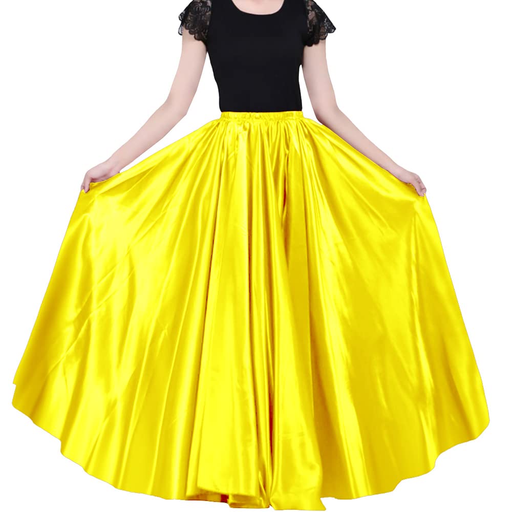 Ladies 90cm Satin Maxi Midi Skirt Long Dress Elastic Waist for Belly Dance Princess Party Cosplay Costume