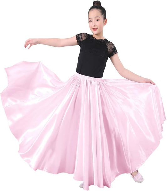 Girls Satin Full Dancing Circle Long Flowy Dance Skirt