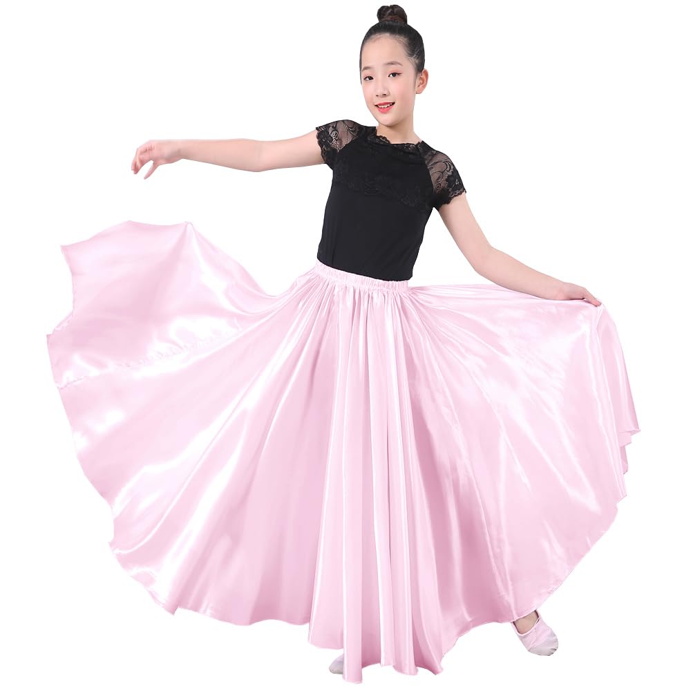 Girls Satin Full Dancing Circle Long Flowy Dance Skirt