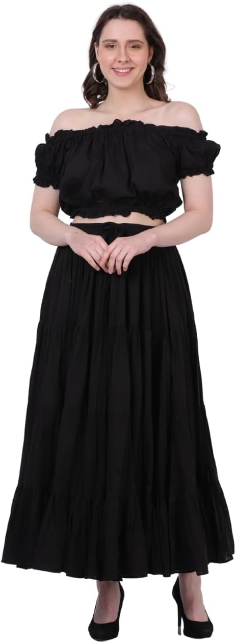 Wevez Women’s 40 Inch Cotton Full Circle Elastic Waist Tribal Fusion Belly Dance A Line Plus Size Maxi Skirt