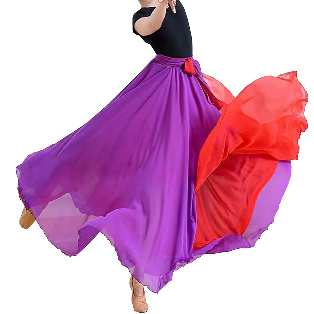 Women Black Red Two Layered Reversible Chiffon Long Maxi Skirt for Belly Spain Gypsy Dance Performance Photography