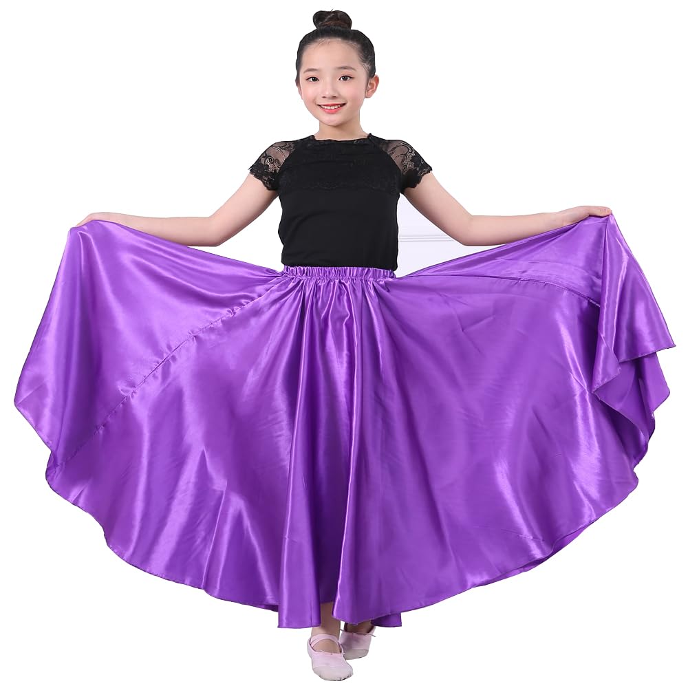 Girls Satin Full Dancing Circle Long Flowy Dance Skirt