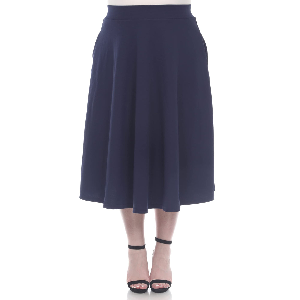 White Women's Plus Size Flared Midi Skirt with Pockets