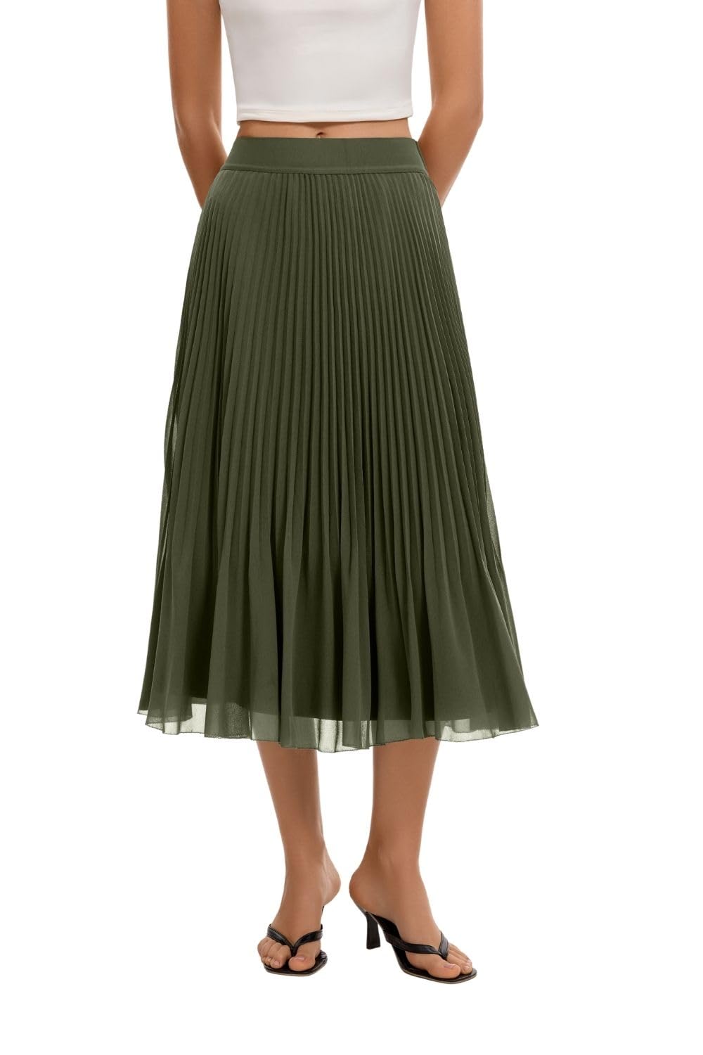 QINSEN Women's Elegant Flowy Pleated Chiffon Skirts Summer A-line Swing Midi Skirts Casual Elastic Waist Soft Lining