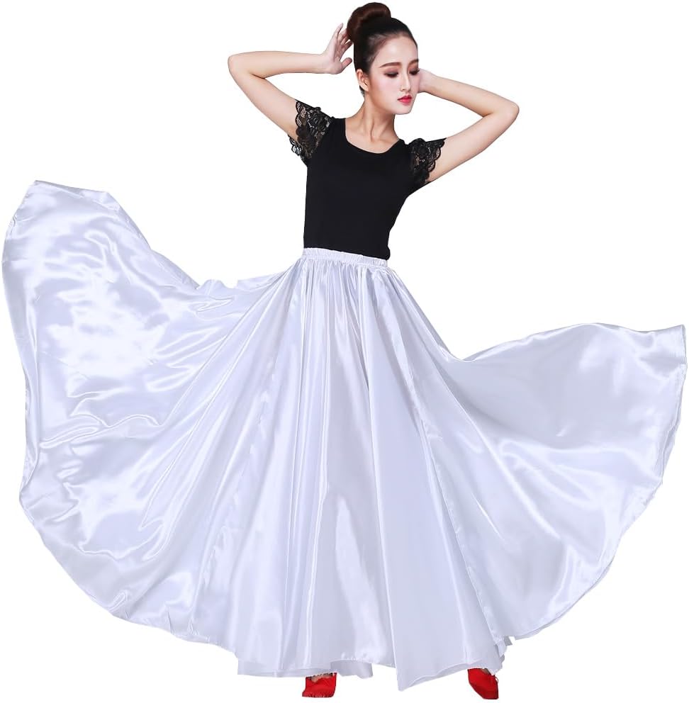 Women 38" Long Satin Full Shiny Maxi Skirt - Perfect for Latin, Belly Dance Performance Cosplay Show Party & Travel