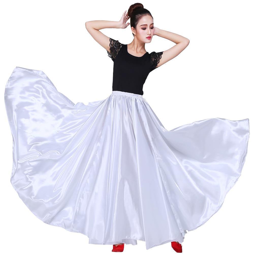Women 38" Long Satin Full Shiny Maxi Skirt - Perfect for Latin, Belly Dance Performance Cosplay Show Party & Travel