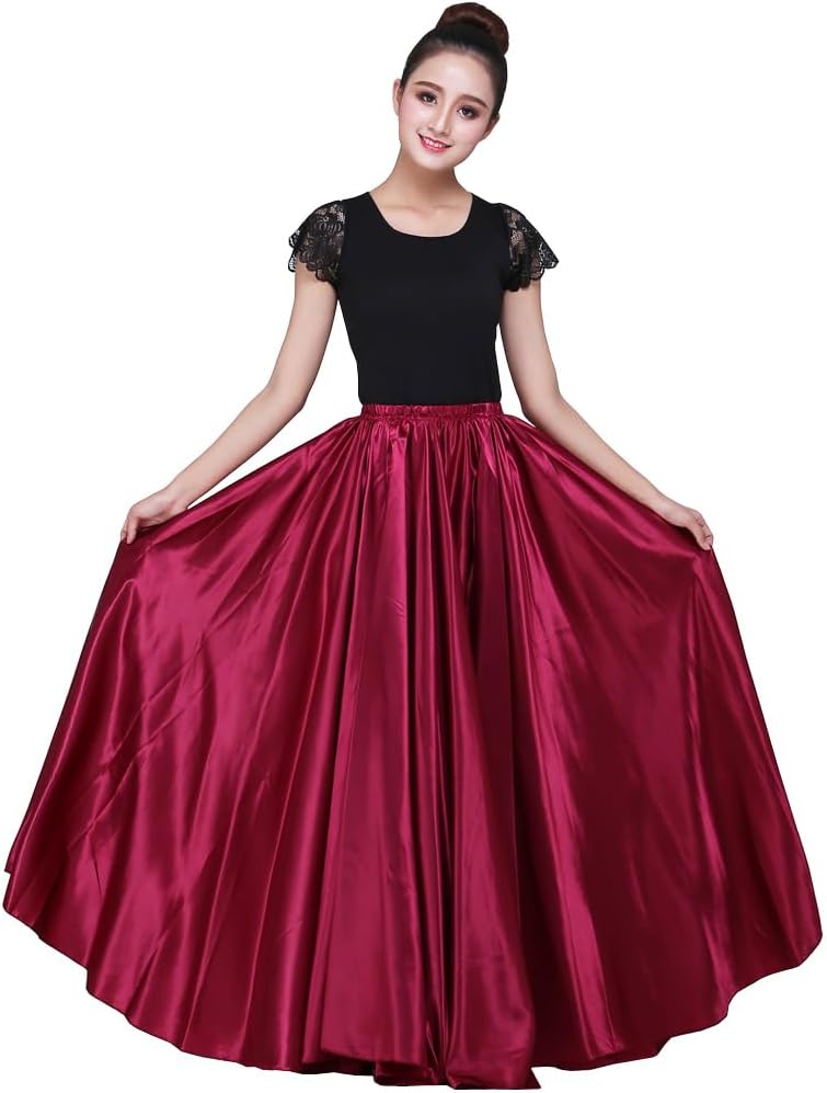 Women 38" Long Satin Full Shiny Maxi Skirt - Perfect for Latin, Belly Dance Performance Cosplay Show Party & Travel