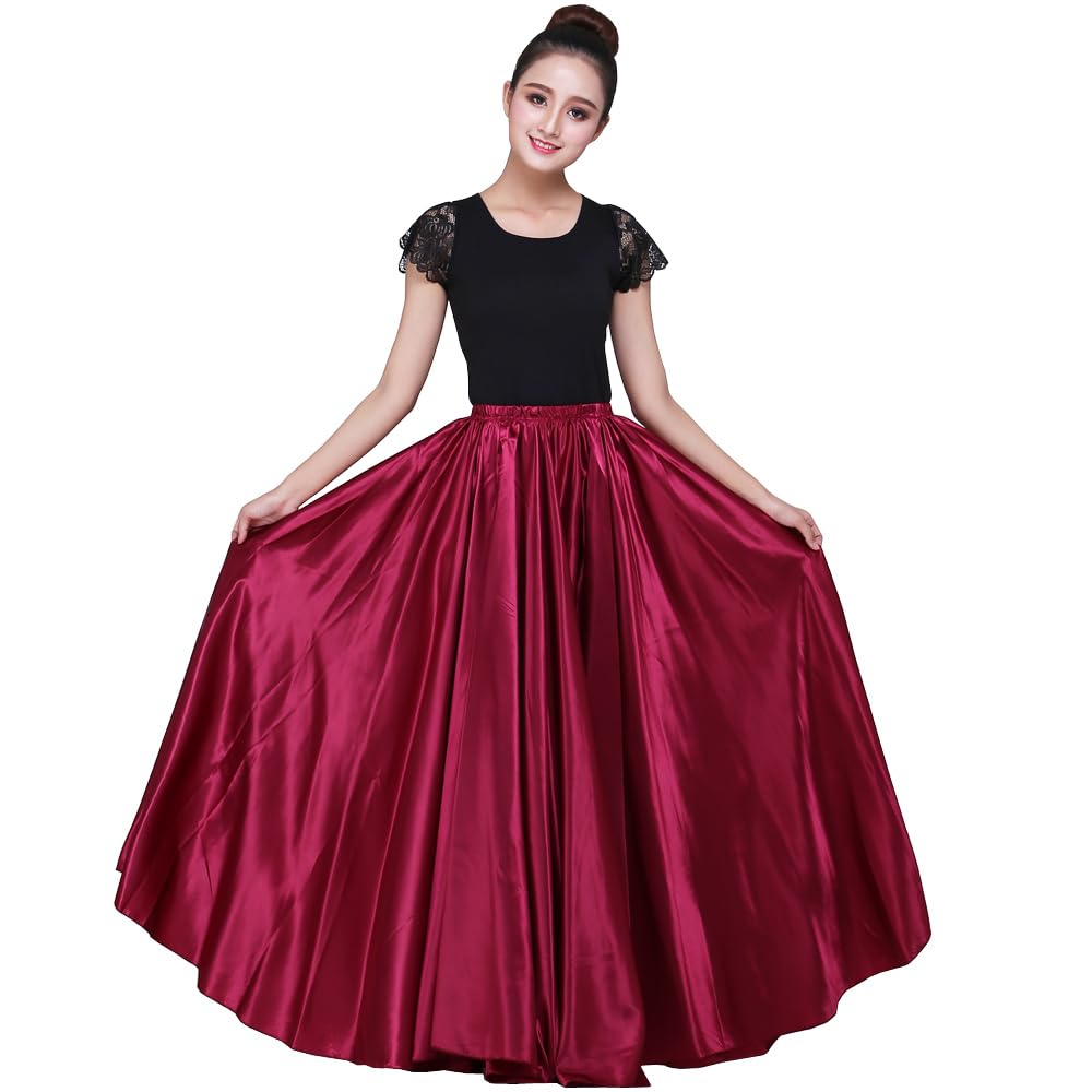 Women 38" Long Satin Full Shiny Maxi Skirt - Perfect for Latin, Belly Dance Performance Cosplay Show Party & Travel