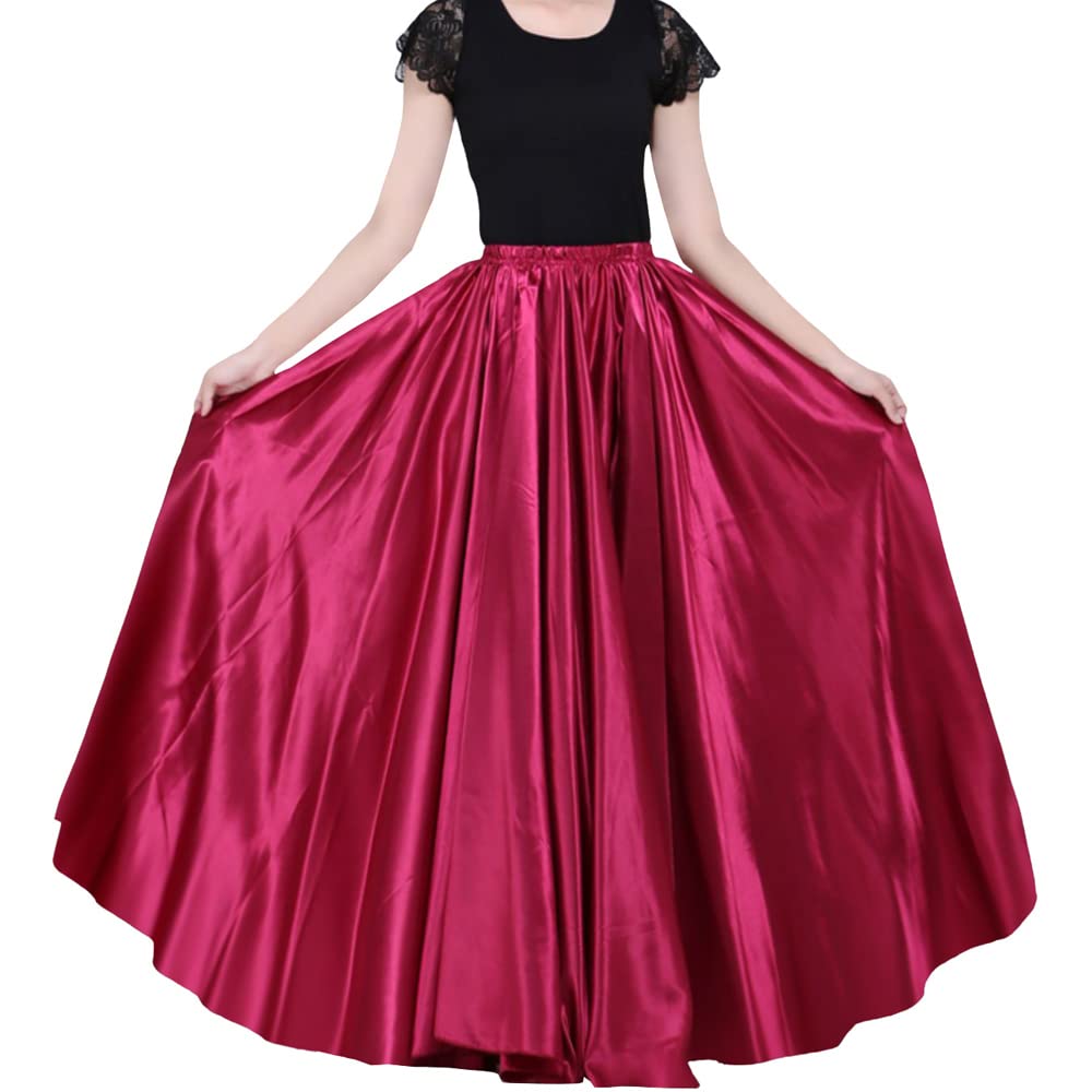 Ladies 90cm Satin Maxi Midi Skirt Long Dress Elastic Waist for Belly Dance Princess Party Cosplay Costume
