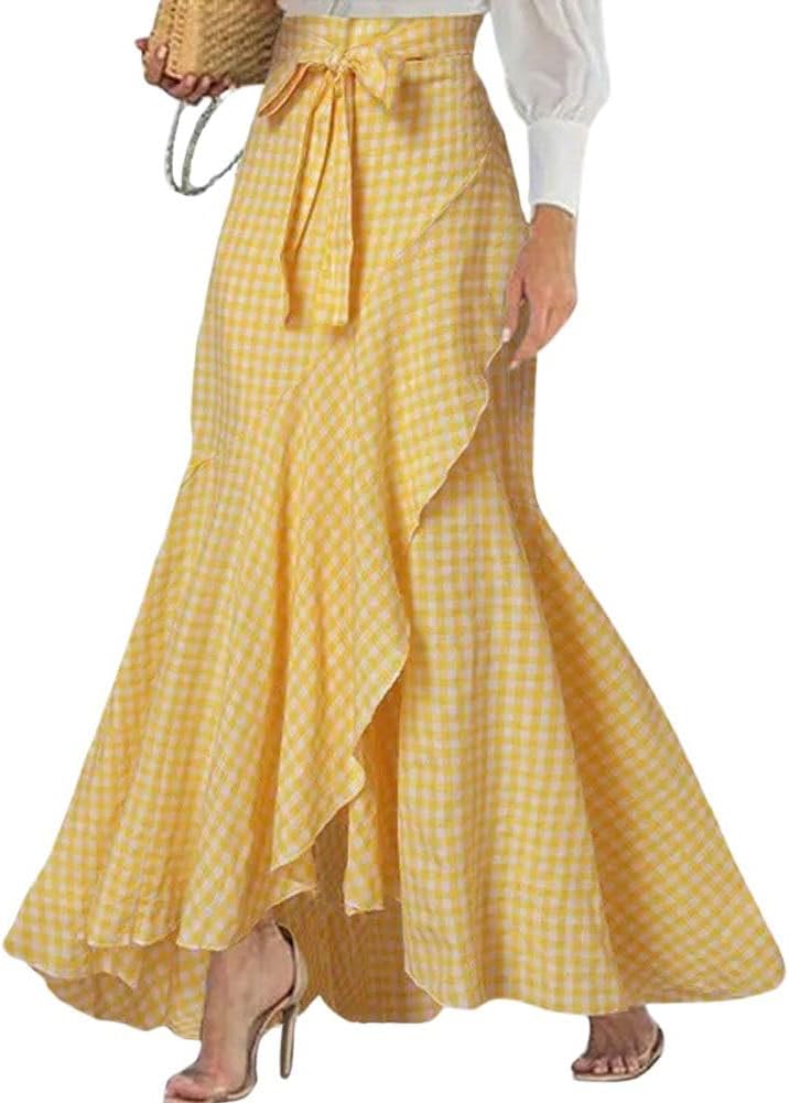chouyatou Women's Casual Plaid Mermaid Maxi Skirt A Line Irregular Ruffle Hem Fishtail Long Skirt