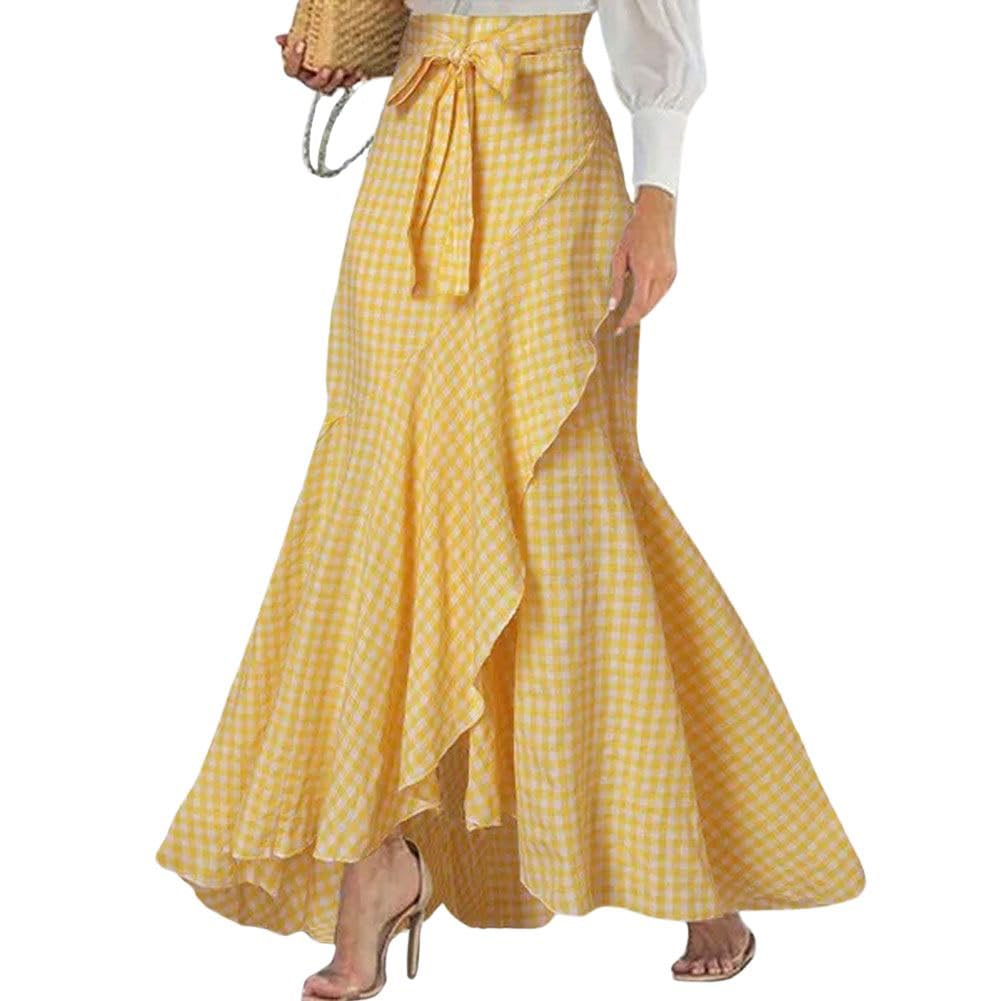 chouyatou Women's Casual Plaid Mermaid Maxi Skirt A Line Irregular Ruffle Hem Fishtail Long Skirt