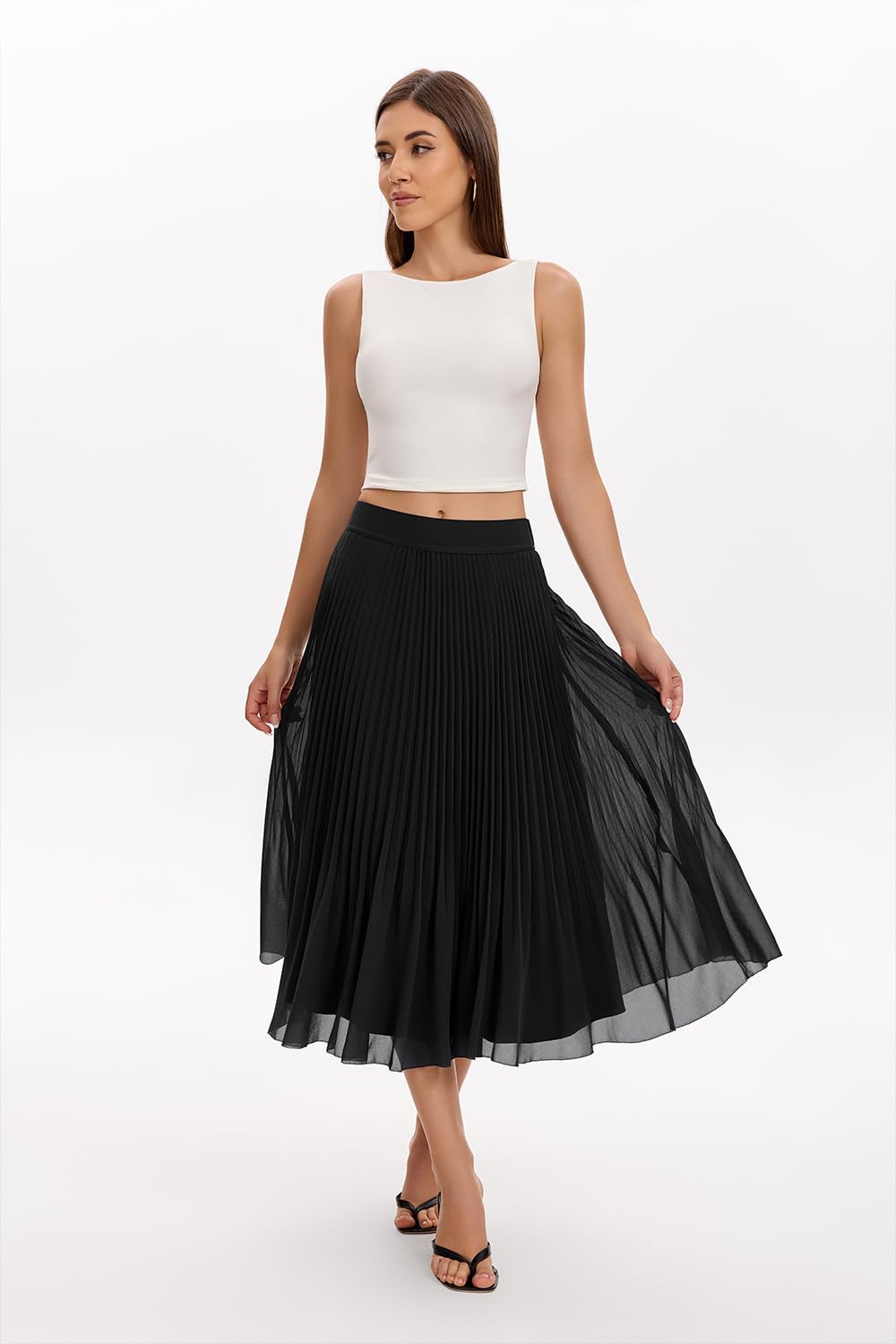 QINSEN Women's Elegant Flowy Pleated Chiffon Skirts Summer A-line Swing Midi Skirts Casual Elastic Waist Soft Lining