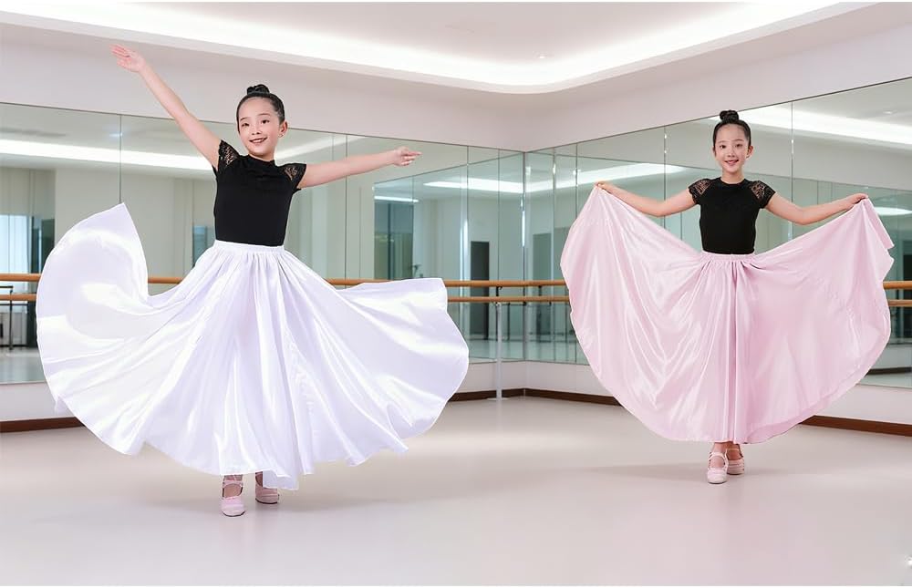 Girls Satin Full Dancing Circle Long Flowy Dance Skirt