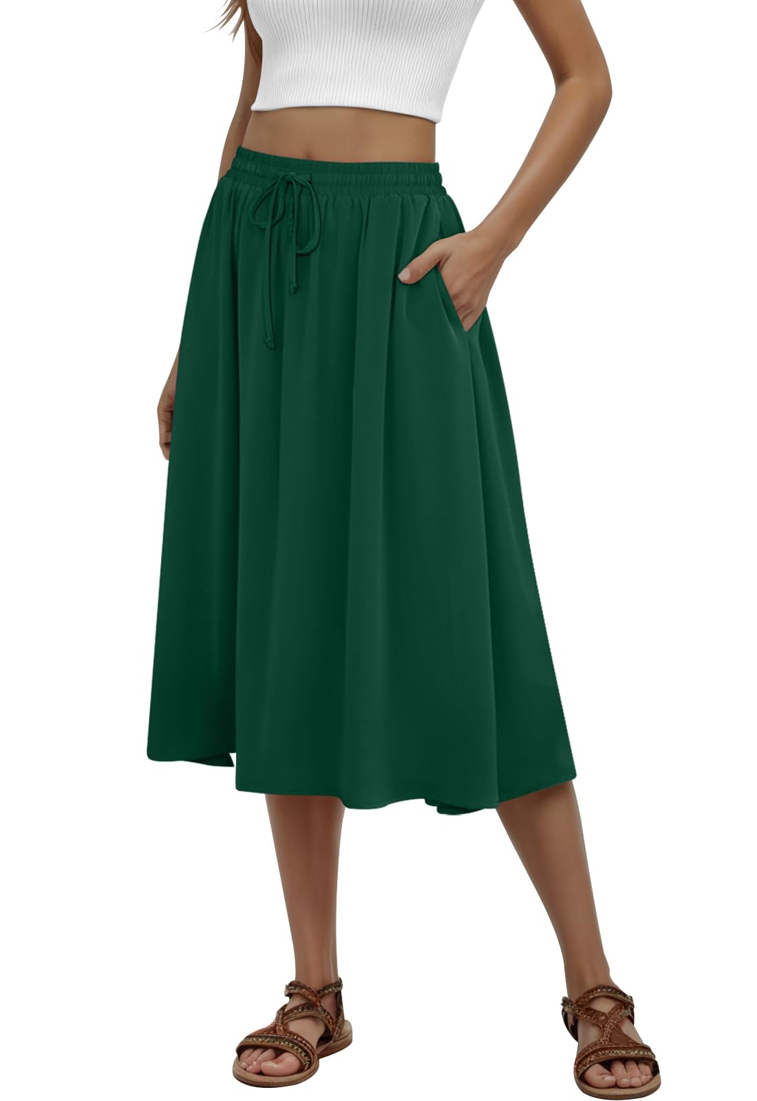 MLXSJ Women's Midi Skirt Summer Pleated Flowy Skirts with Pockets S-3XL