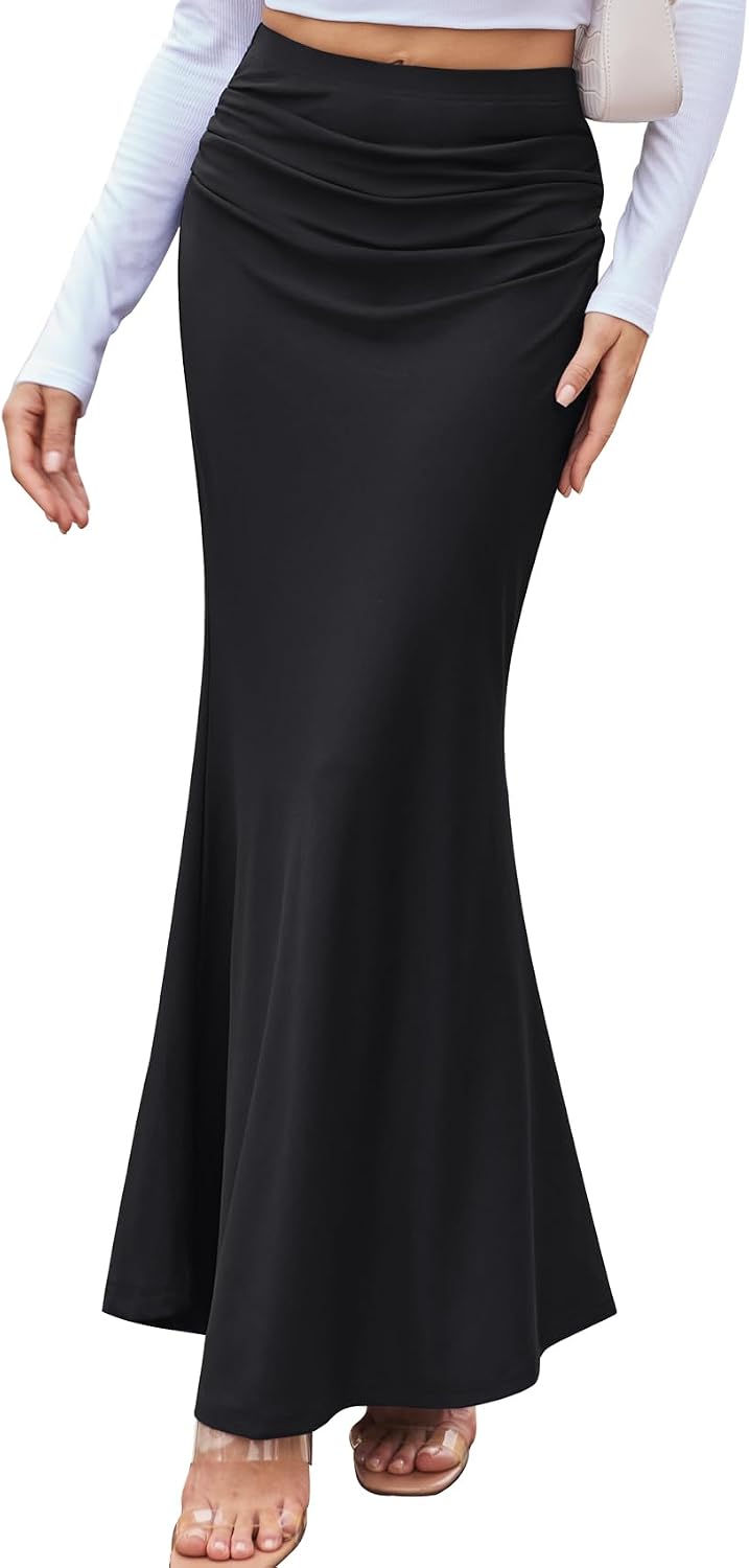 BAISHENGGT Womens Boho Maxi Skirts High Waisted Ruched Mermaid Long Skirt
