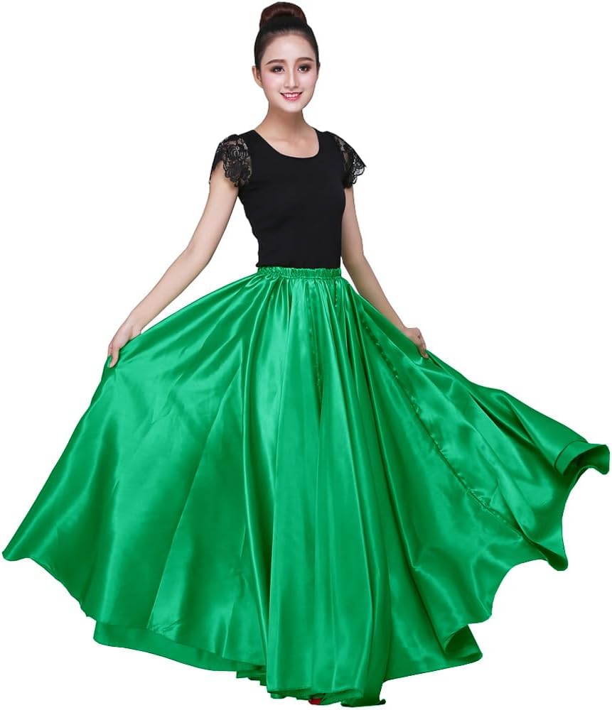 Women 38" Long Satin Full Shiny Maxi Skirt - Perfect for Latin, Belly Dance Performance Cosplay Show Party & Travel