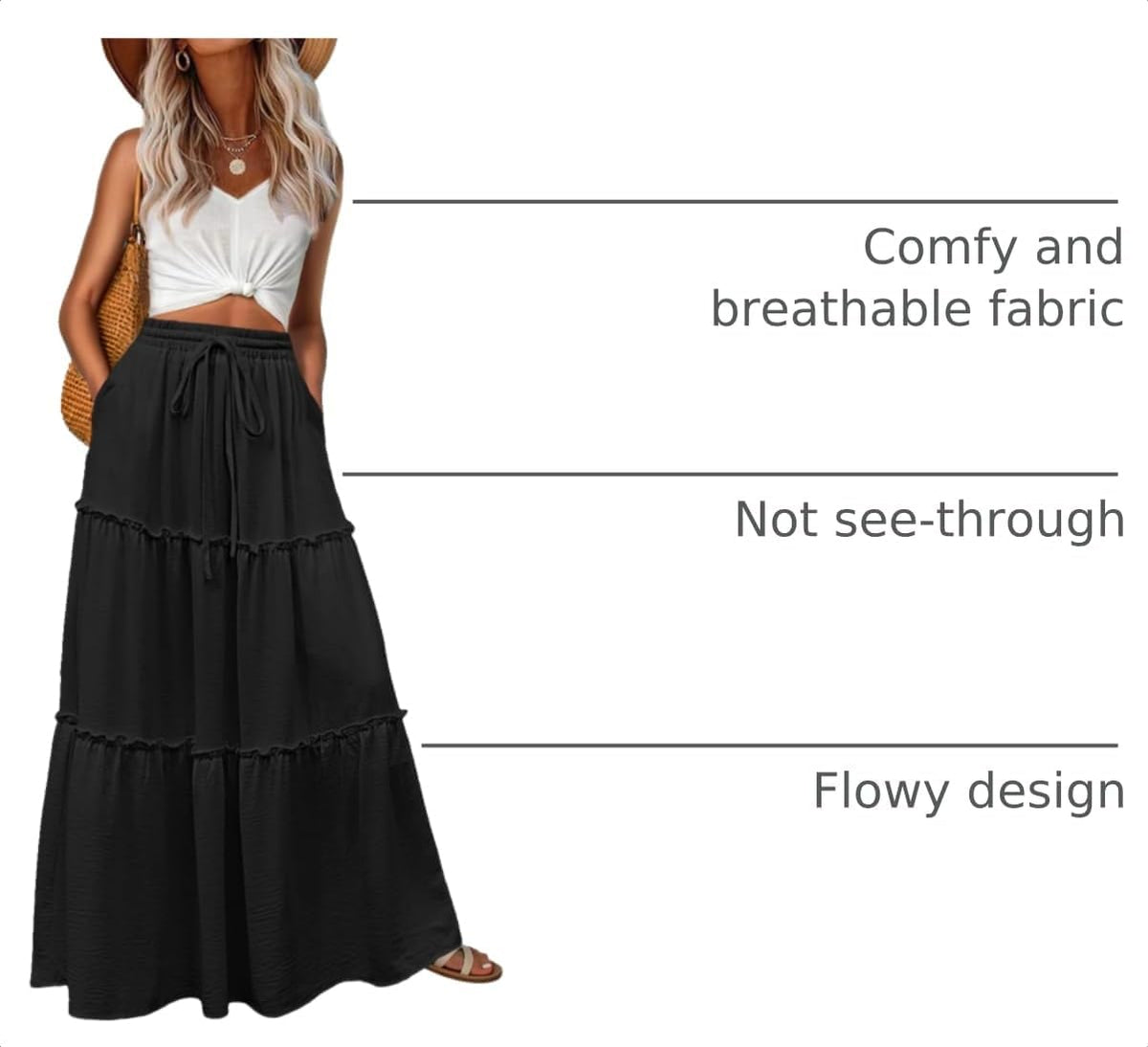 Lepunuo Womens Casual Boho High Waisted Flowy Maxi Skirts Tiered Floral Long Skirts with Pockets for Summer Beach Vacation