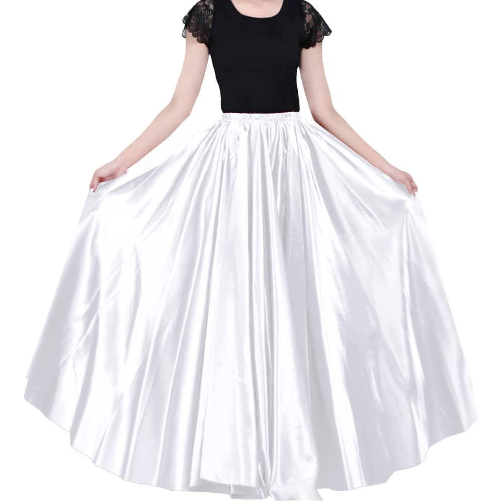 Ladies 90cm Satin Maxi Midi Skirt Long Dress Elastic Waist for Belly Dance Princess Party Cosplay Costume