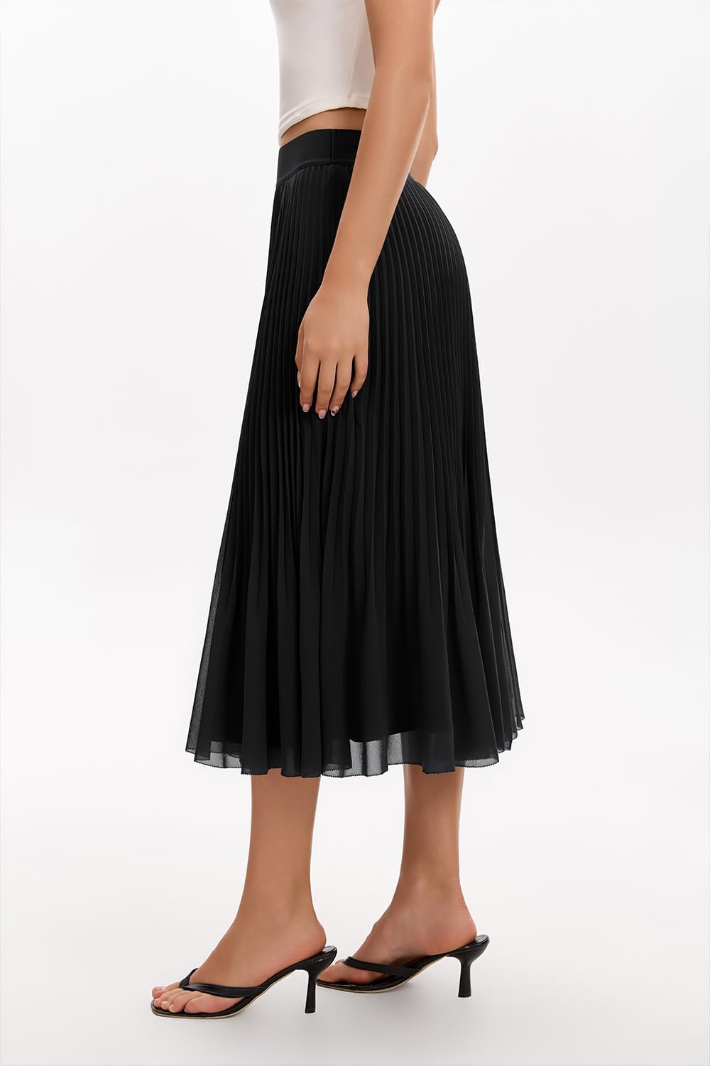 QINSEN Women's Elegant Flowy Pleated Chiffon Skirts Summer A-line Swing Midi Skirts Casual Elastic Waist Soft Lining