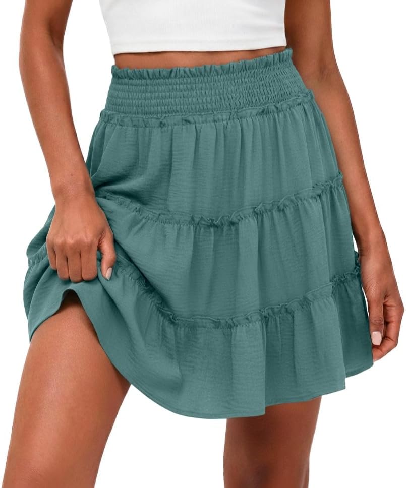 Lepunuo Women's High Waisted Tiered Smocked Ruffle Mini Skirt