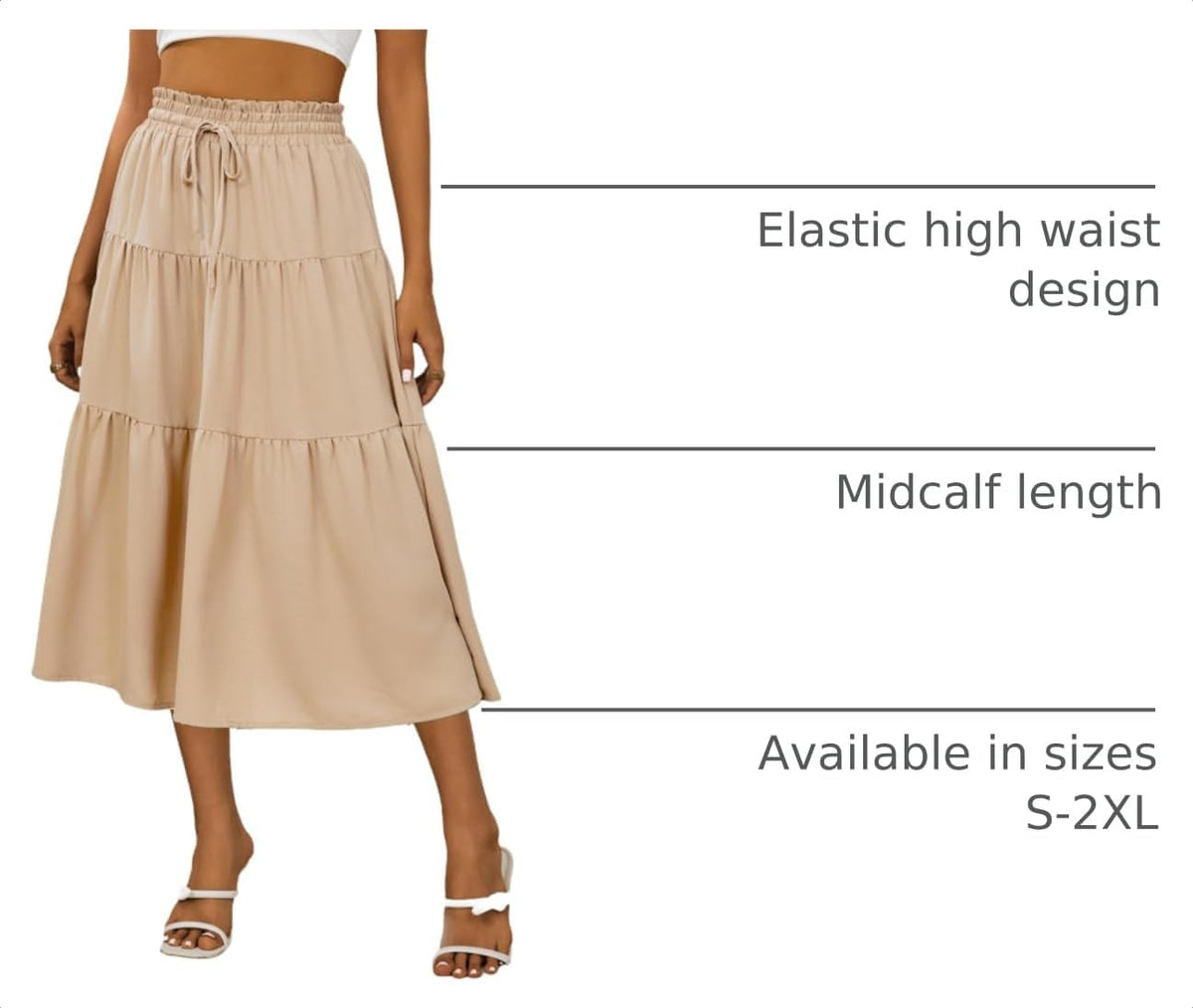 Anbech Womens Boho Midi Skirts A-Line Casual Flowy Elastic High Waist