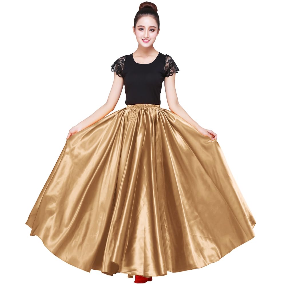 Women 38" Long Satin Full Shiny Maxi Skirt - Perfect for Latin, Belly Dance Performance Cosplay Show Party & Travel
