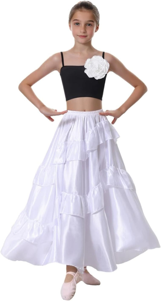 Double Ruffle Long Full Maxi Dance Skirt for Girls 8-12 Years