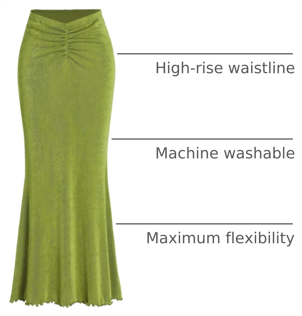 CIDER High Waist Skirts for Women Mermaid Skirt Fishtail Ruched Bodycon Long Maxi Skirt Lettuce Trim Stretchy
