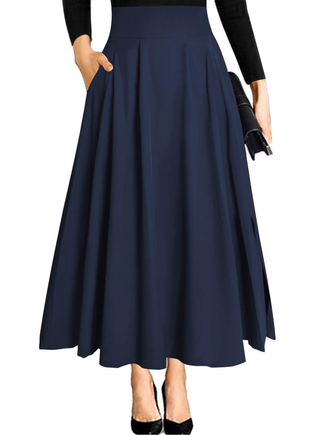 RANPHEE Women's Ankle Length High Waist A-line Flowy Long Maxi Skirt with Pockets