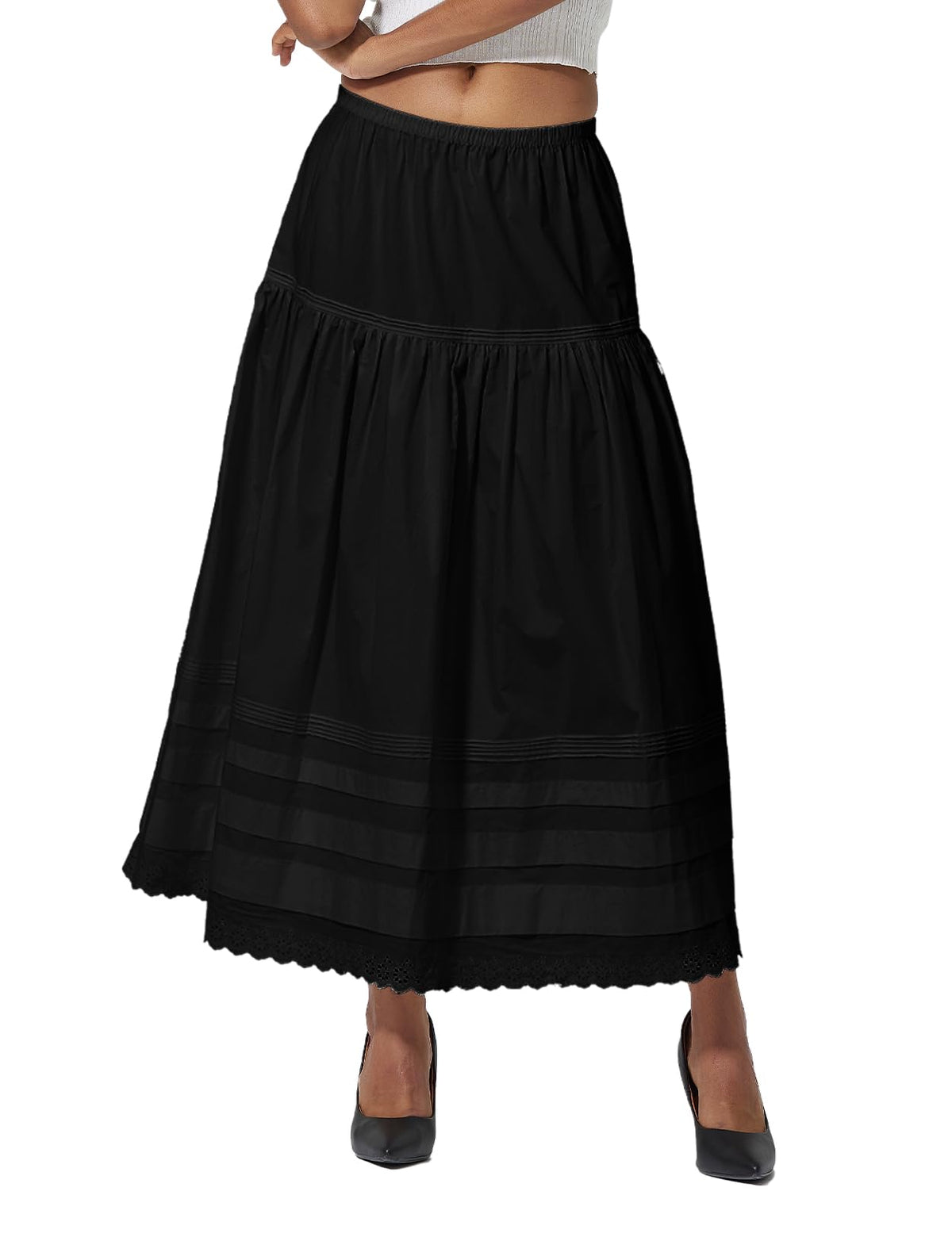 100% Cotton Women White Maxi Skirt Elastic Waist Peasant A Line Flowy Swing Lace Skirt Dress No Lining