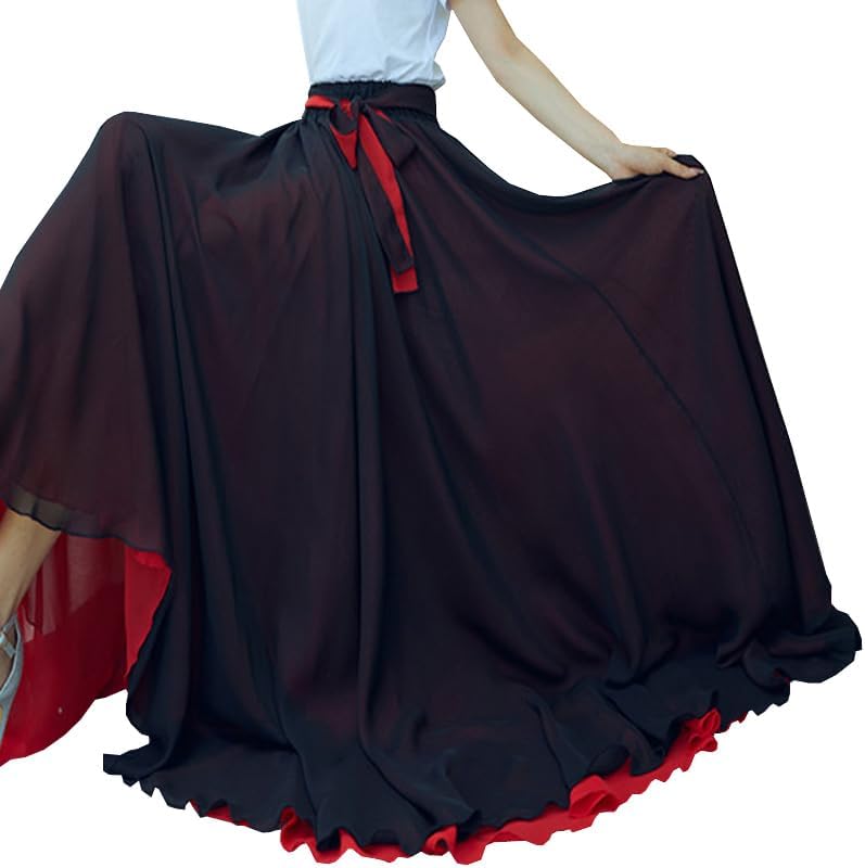 Women Black Red Two Layered Reversible Chiffon Long Maxi Skirt for Belly Spain Gypsy Dance Performance Photography