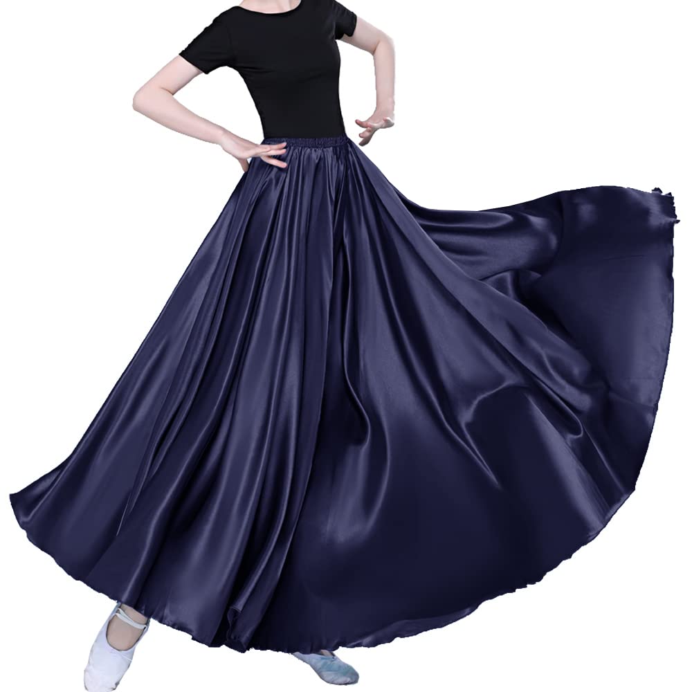 Women Long Tulle Shiny Satin Maxi Flowy Dance Skirt