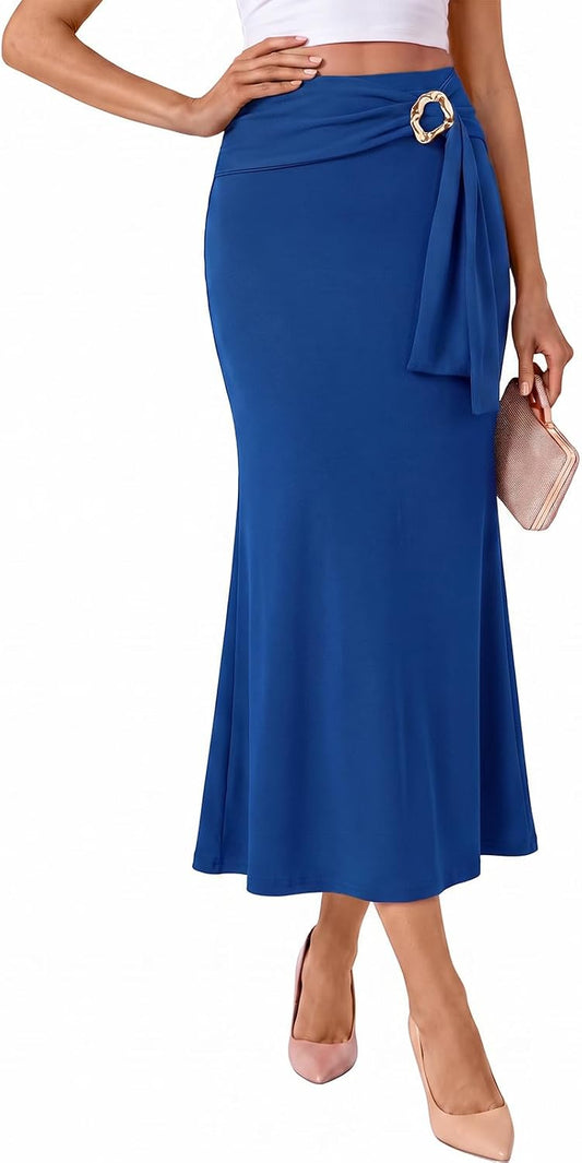 Wenrine Womens Stretch Wrap High Waist Midi Skirt for Business Casual