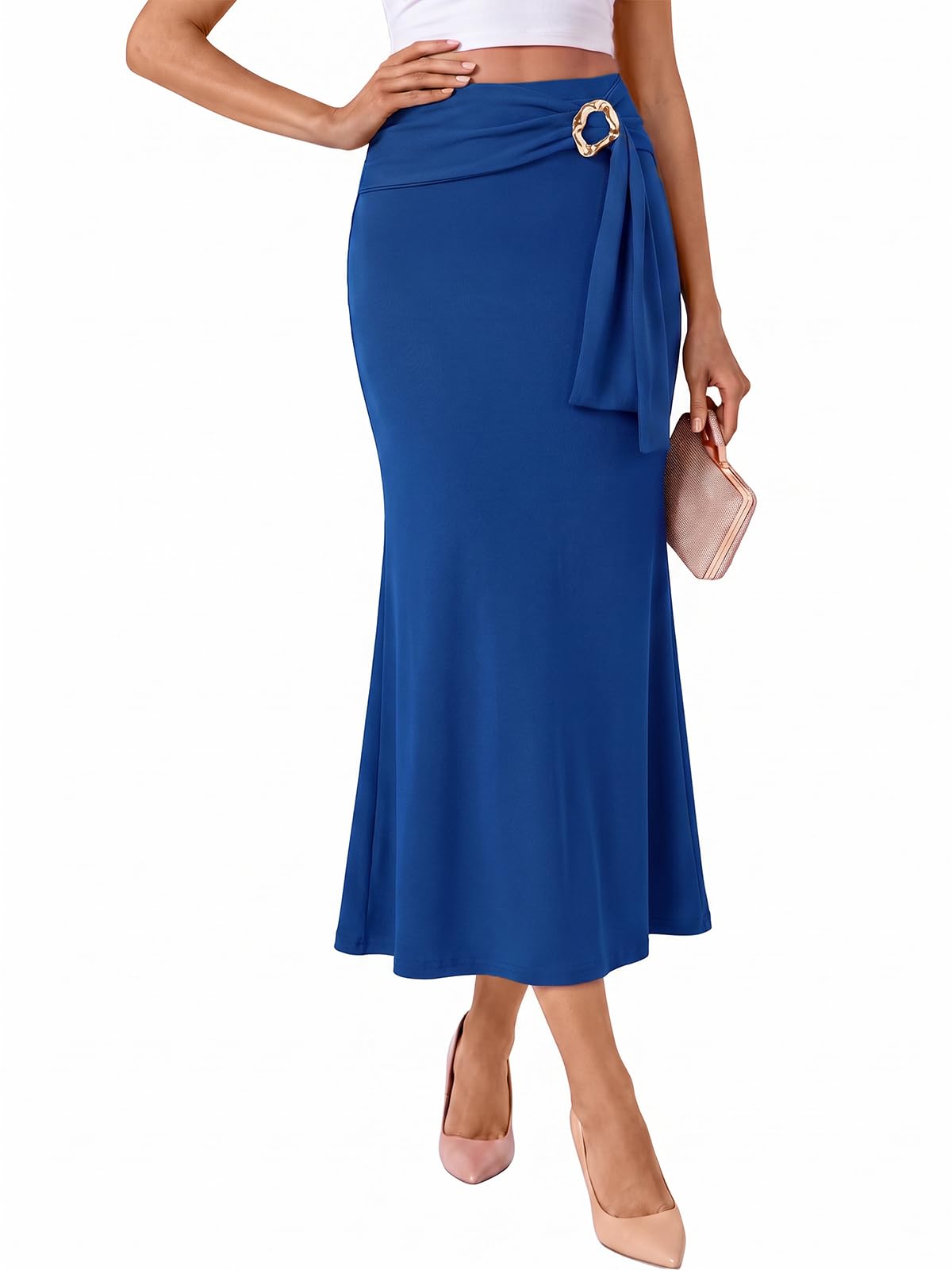 Wenrine Womens Stretch Wrap High Waist Midi Skirt for Business Casual