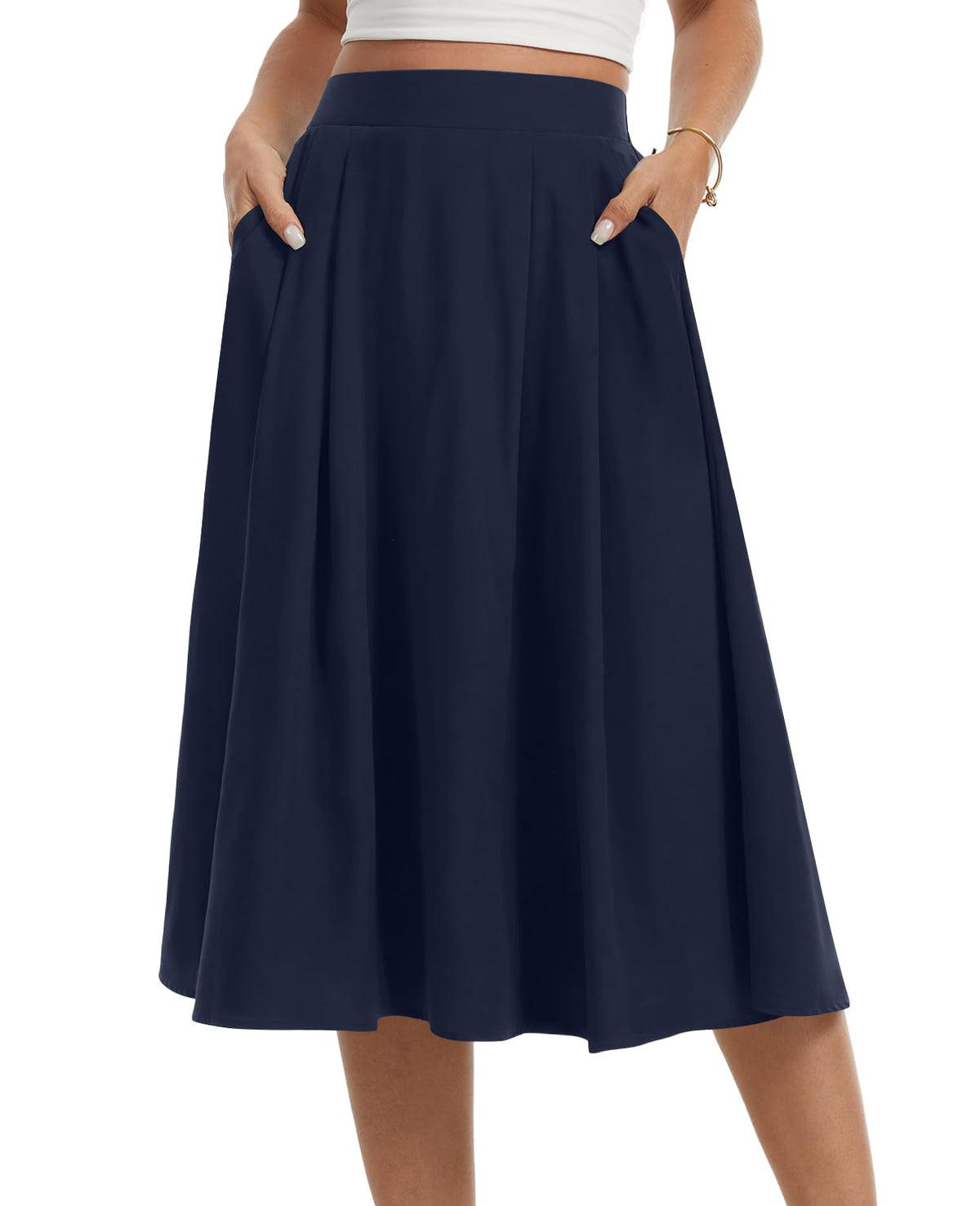 Womens Midi Flowy Skirts A-Line Casual Skirt with Pockets S-2XL