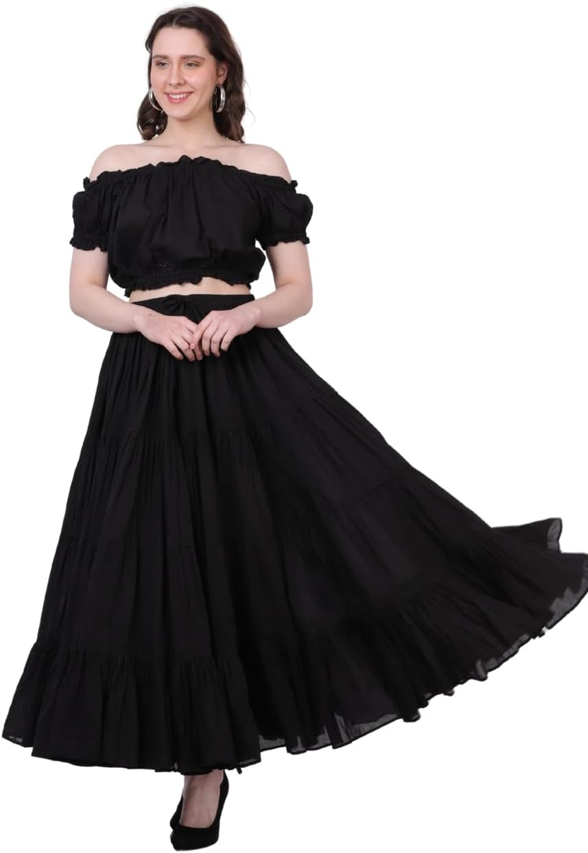 Wevez Women’s 40 Inch Cotton Full Circle Elastic Waist Tribal Fusion Belly Dance A Line Plus Size Maxi Skirt