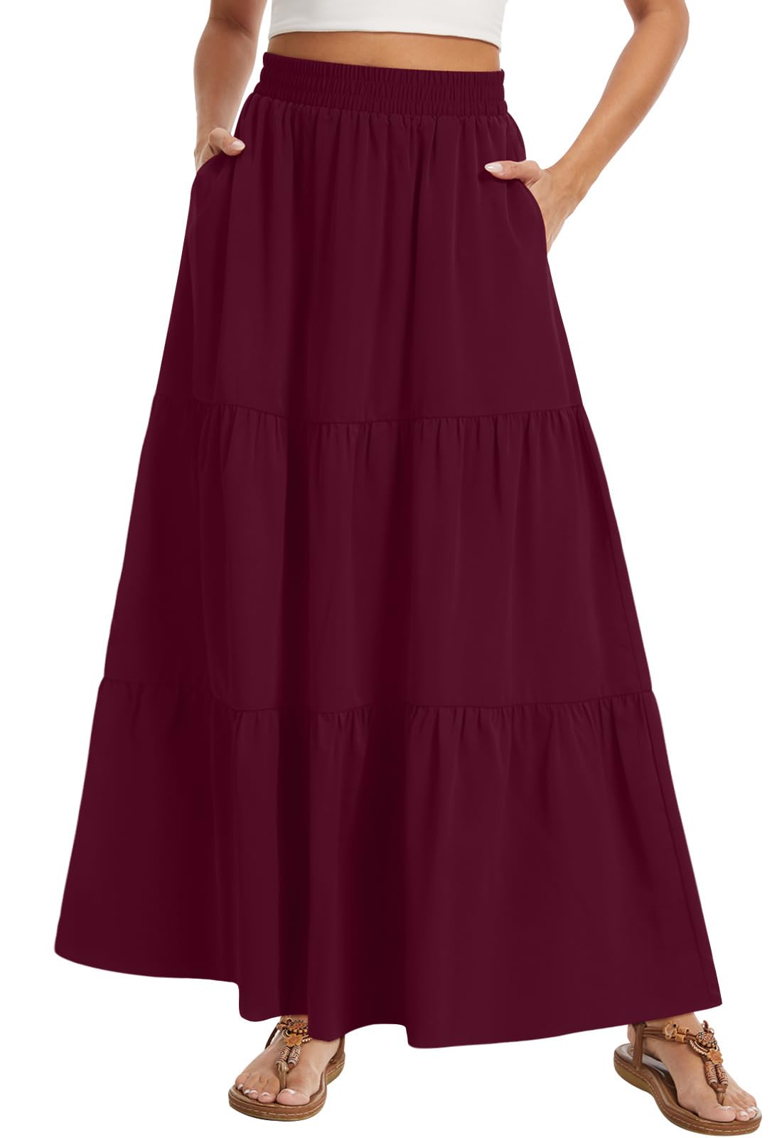 Women's Summer Boho Maxi Skirt Long Flowy Tiered A-Line High Waist Pleated Skirts with Pockets for Beach Vacation