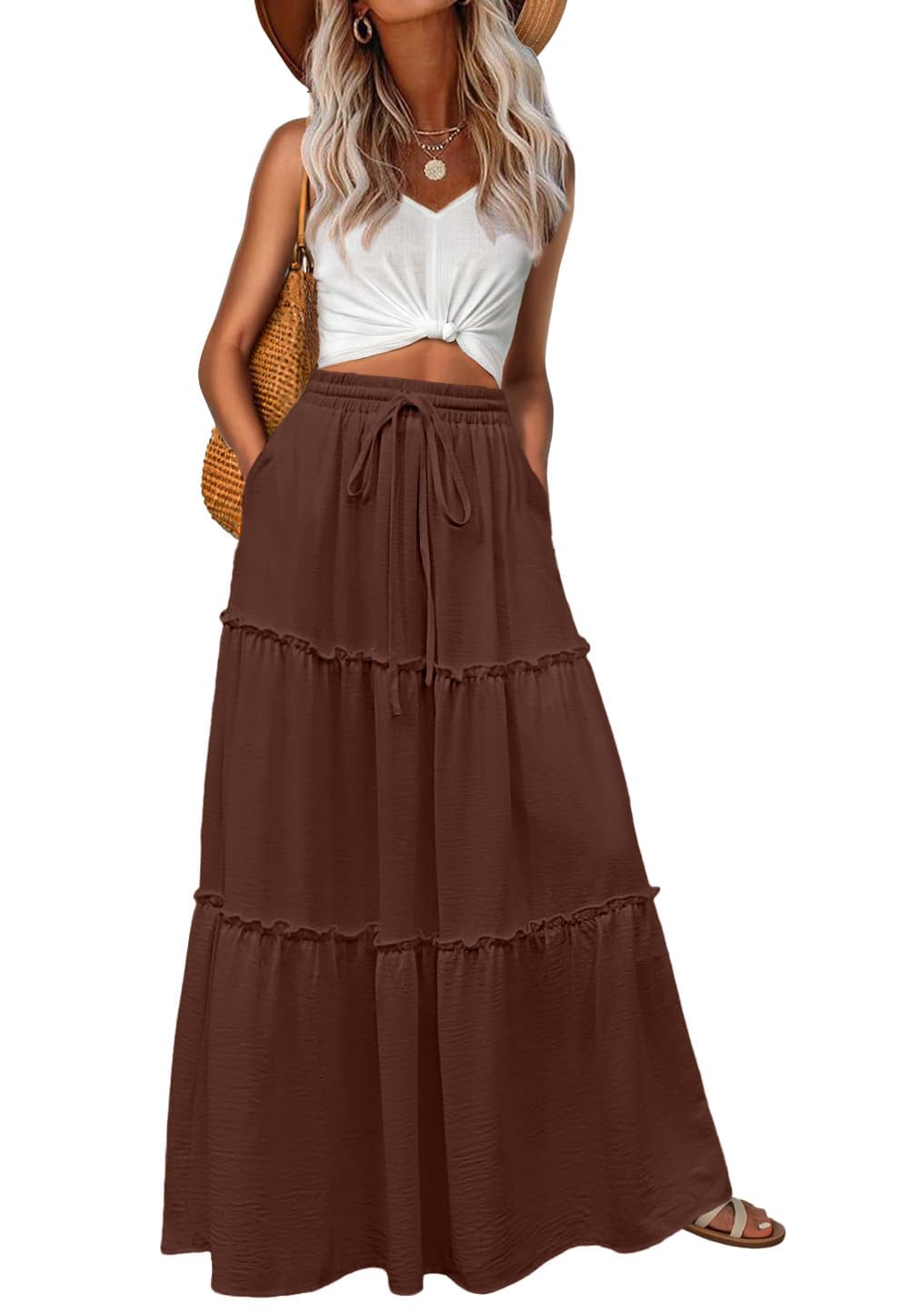 Lepunuo Womens Casual Boho High Waisted Flowy Maxi Skirts Tiered Floral Long Skirts with Pockets for Summer Beach Vacation