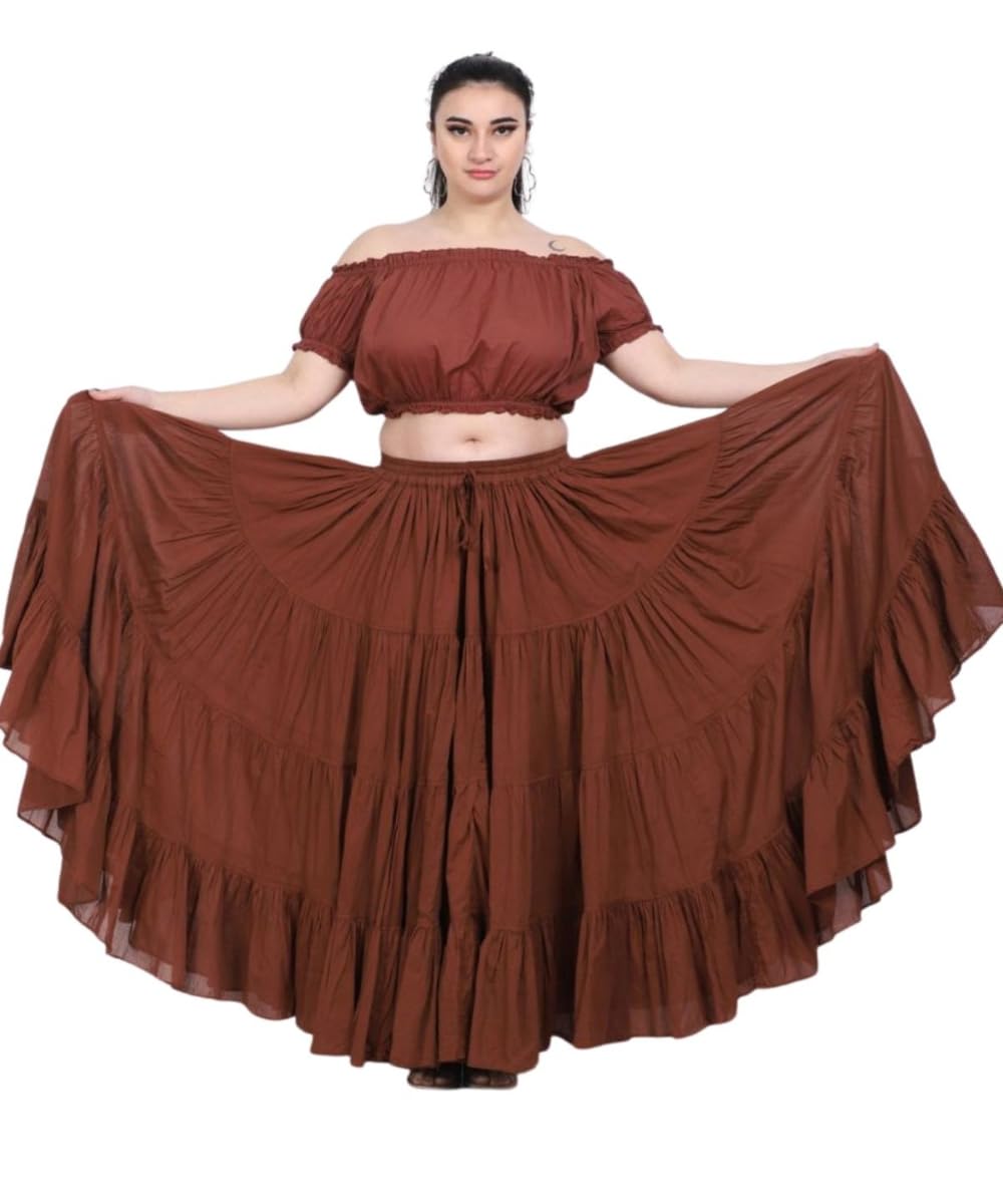 Wevez® Women's Plus Size Maxi Skirt Gypsy 25 Yard Long Flowy Solid Color Cotton Renaissance Skirt