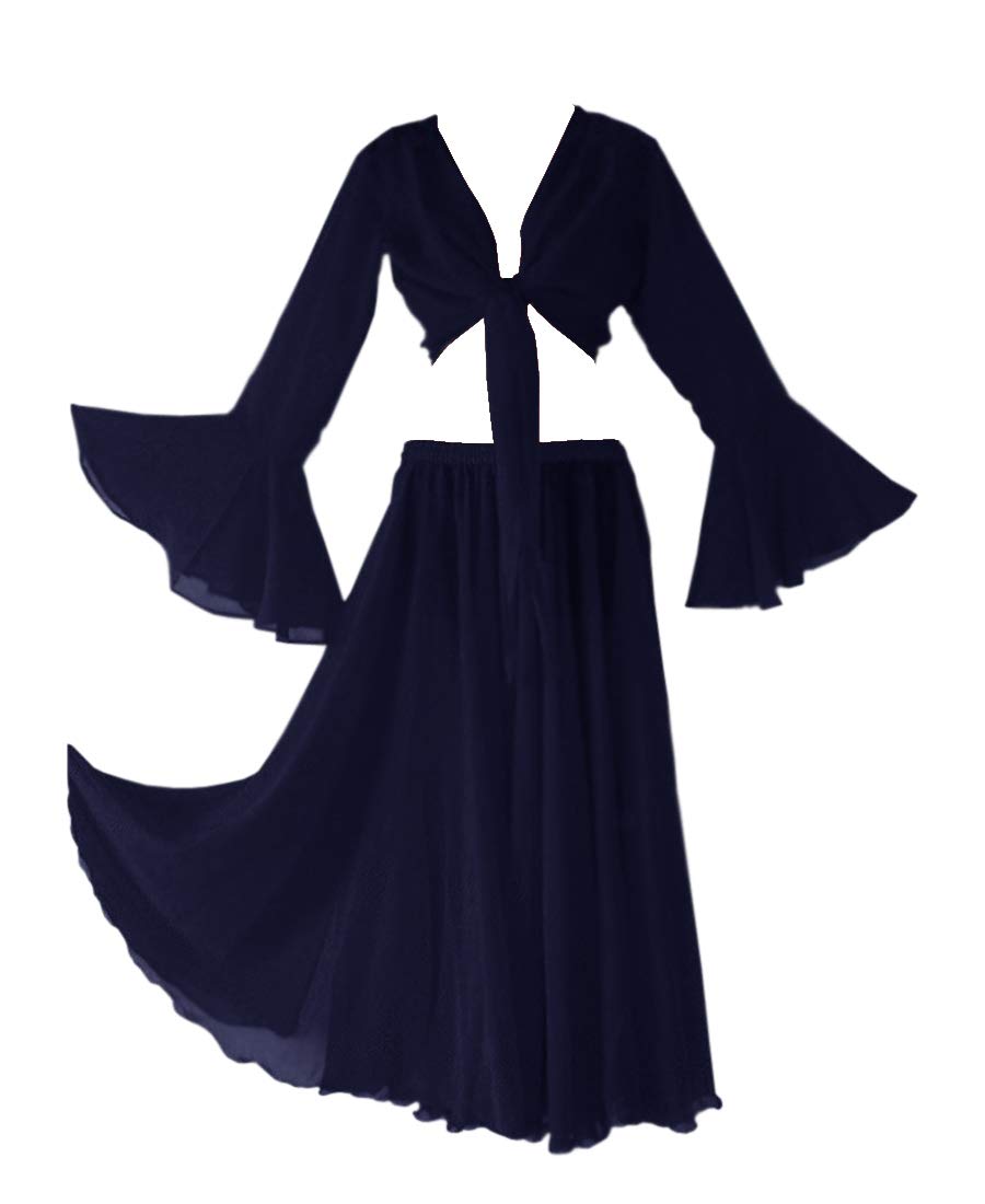 Indian Trendy Womens Chiffon Belly Dance Full Circle Skirt Ruffle Top Set Costume Dress