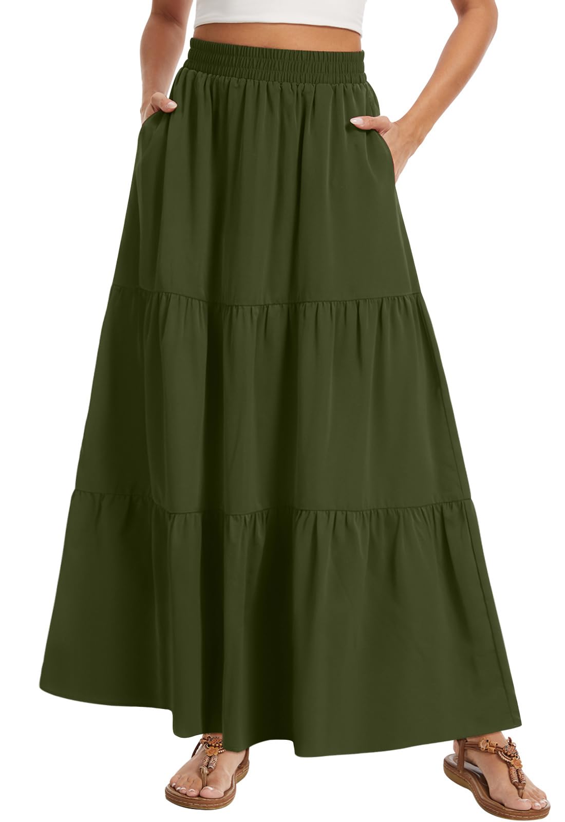 Women's Summer Boho Maxi Skirt Long Flowy Tiered A-Line High Waist Pleated Skirts with Pockets for Beach Vacation