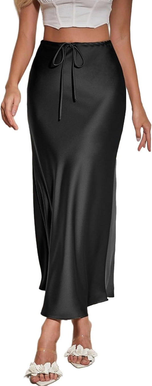 Women’s Silk Satin Skirts Long Maxi Drawstring A-Line Fall Elegant Cocktail Party Wedding Mermaid Midi Skirt