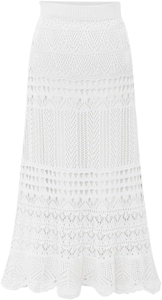 chouyatou Women's Stretched High Waist Crochet Hollow Out Knit Flowy Patterned Lace Maxi Skirt