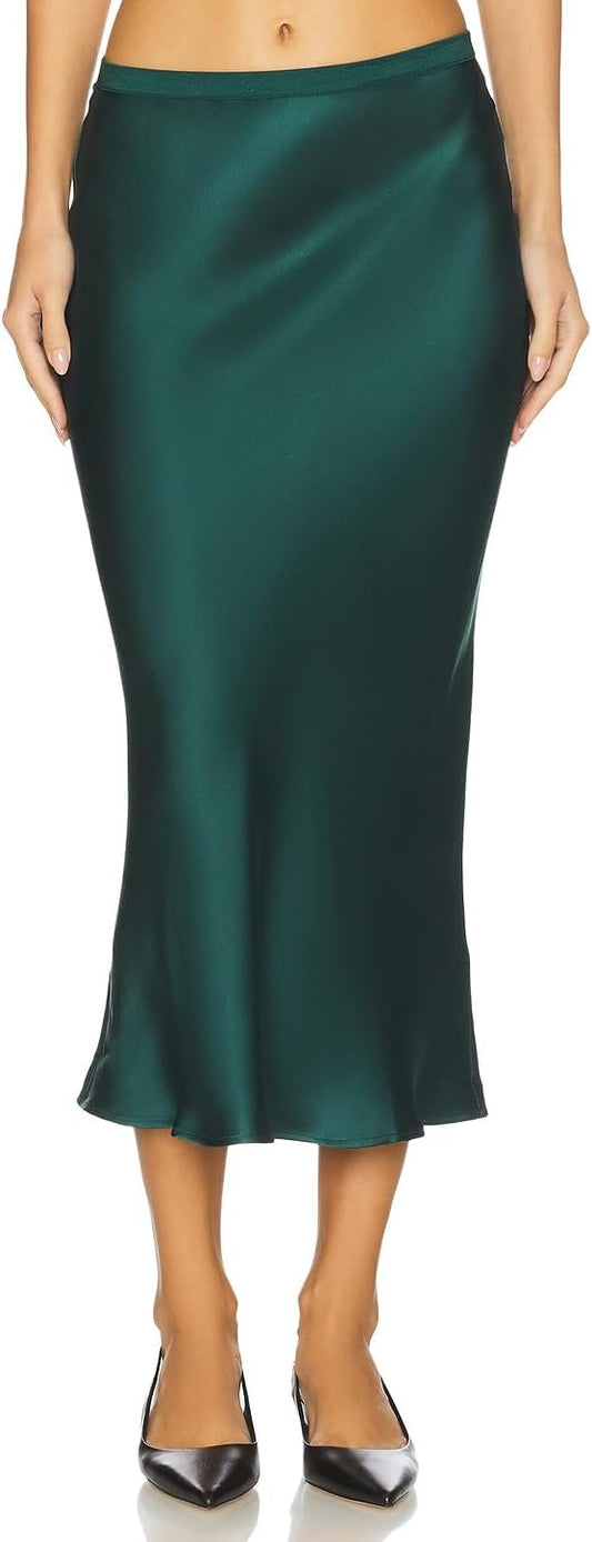 Women Silk Satin Mermaid Midi Skirt Elastic High Waist Office Work Skirt