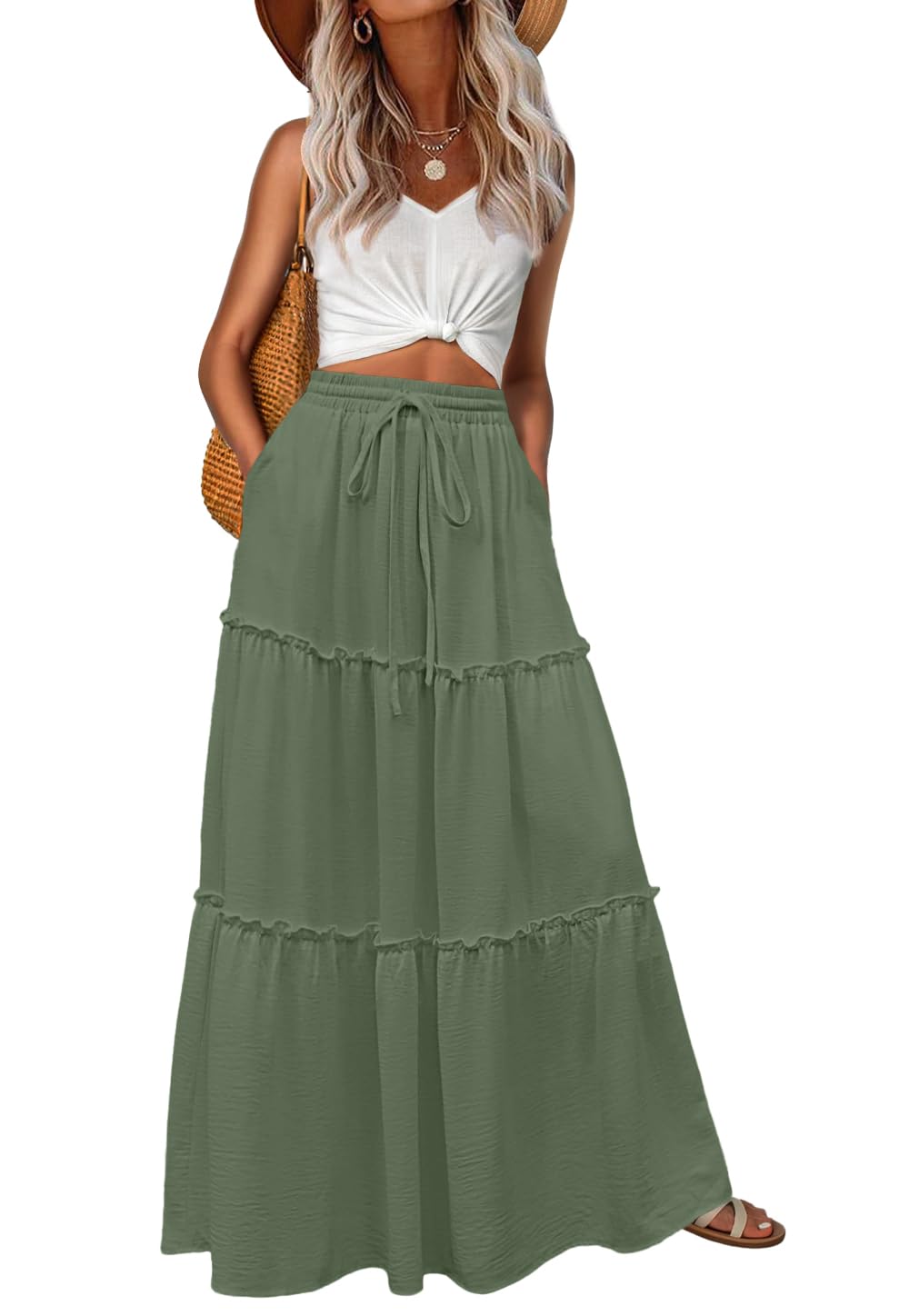 Lepunuo Womens Casual Boho High Waisted Flowy Maxi Skirts Tiered Floral Long Skirts with Pockets for Summer Beach Vacation