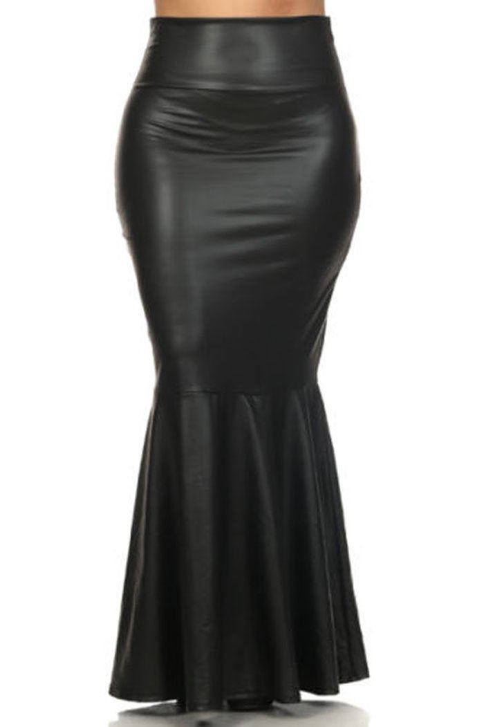 917 - Plus Size Faux Leather Pleated High Waist Maxi Mermaid Skirt