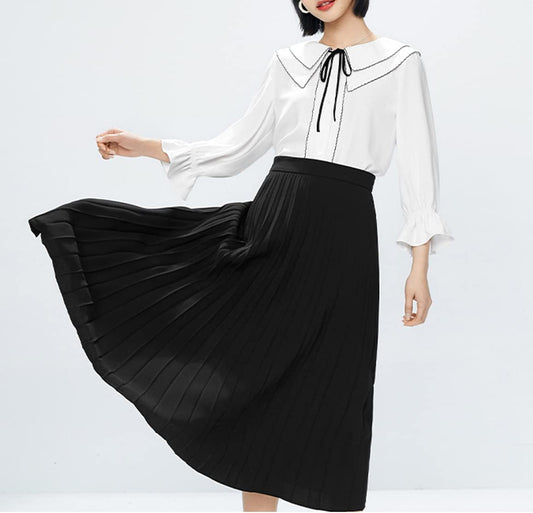 GOLDSTITCH Women's High Waist Pleated Skirt A line Swing Midi Skirt
