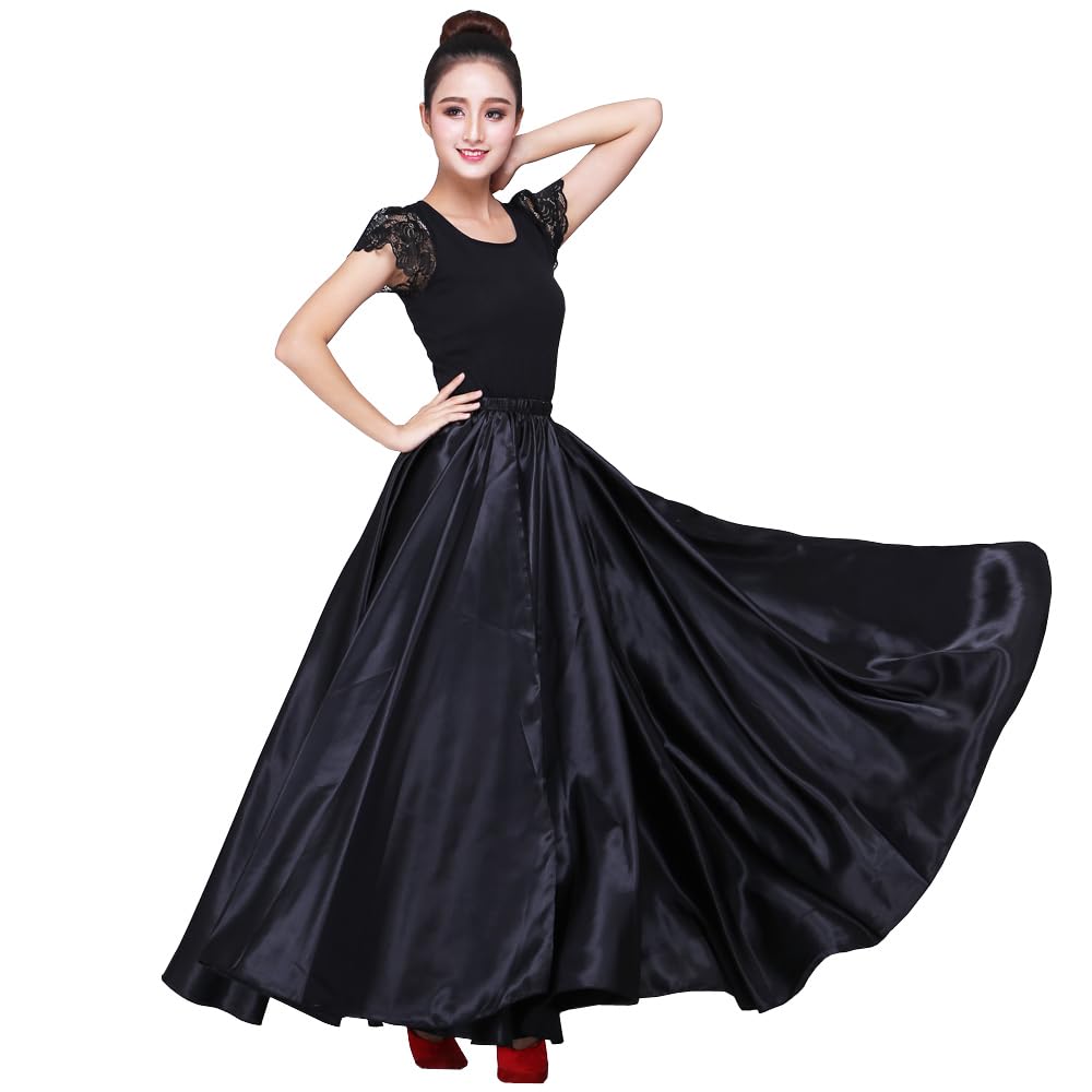 Women 38" Long Satin Full Shiny Maxi Skirt - Perfect for Latin, Belly Dance Performance Cosplay Show Party & Travel